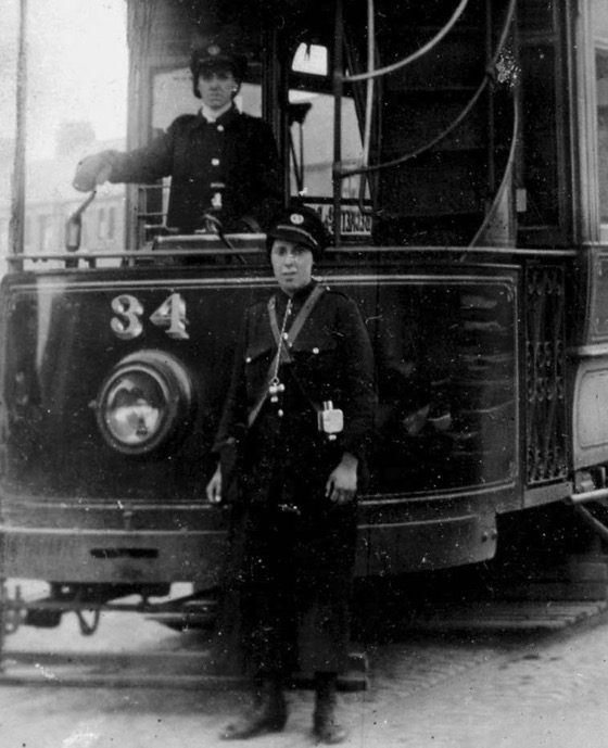 Doncaster Corporation Tramways Great War female crew with Tram No 34