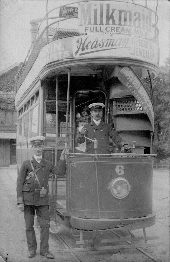 Colchester Corporation Tramways No 6 with crew circa 1908
