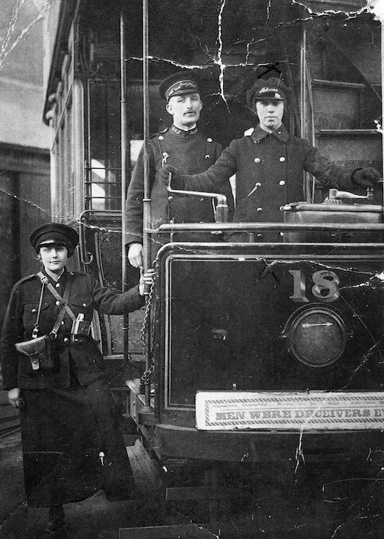 Chesterfield Corporation Tramways Tramcar No 18, Inspector James Blount, Conductress Kathleen Allen and Tram Driver Elinor Dowson