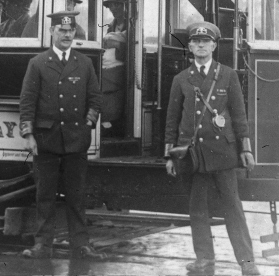 Portsmouth Corporation Tramways conductor and motorman / driver 1920s depot yard