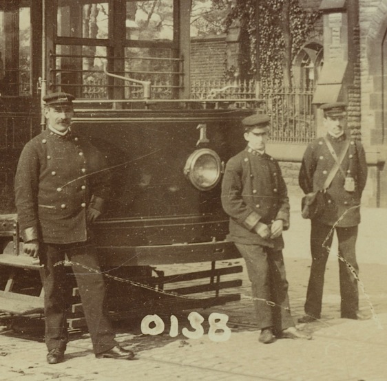 Rochdale Corporation Trmaways tramcar crew and Tramcar No 1 at Cemetery Gates