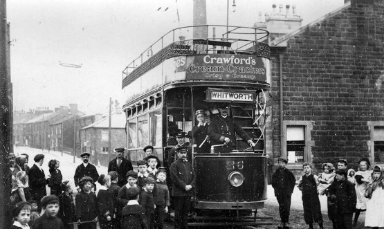 Rochdale Corporation Tramways Tram No 26 and crew in Shawforth