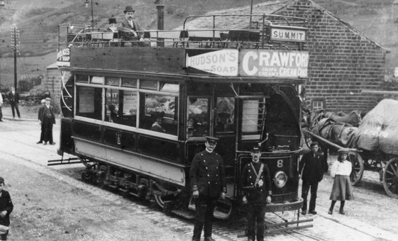 Rochdale Corporation Tramways Tram No 8 and crew at Summit