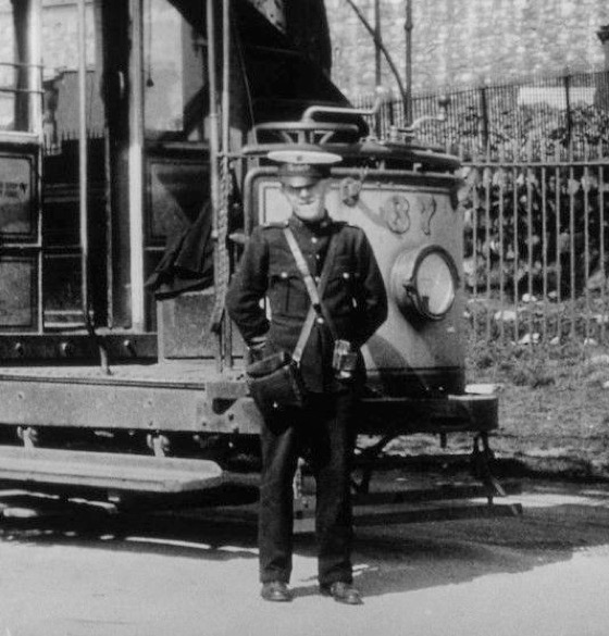 Plymouth Corporation Tramways conductor with Tram No 37