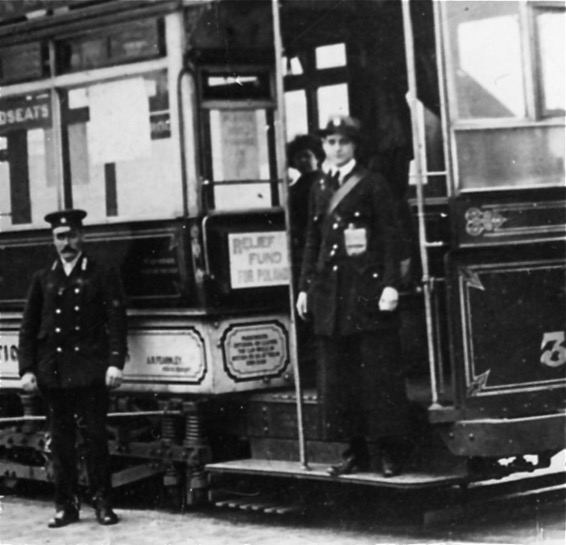 Sheffield Corporation Tramways conductress and Tram 352