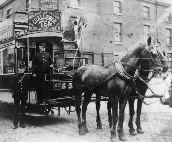Sheffield Corporation Tramways horse tram No 55 and crew