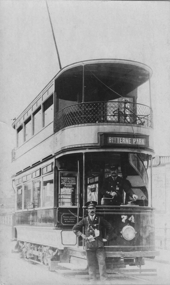 Southmapton Corporation Tramways Tram No 74, conductor and motorman c1920