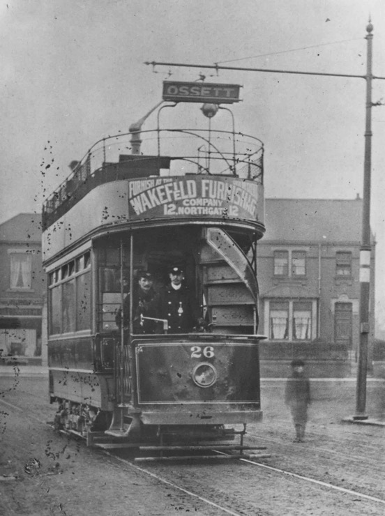 Wakefield and District Light Railway Tram No 26 and crew at Agbrigg