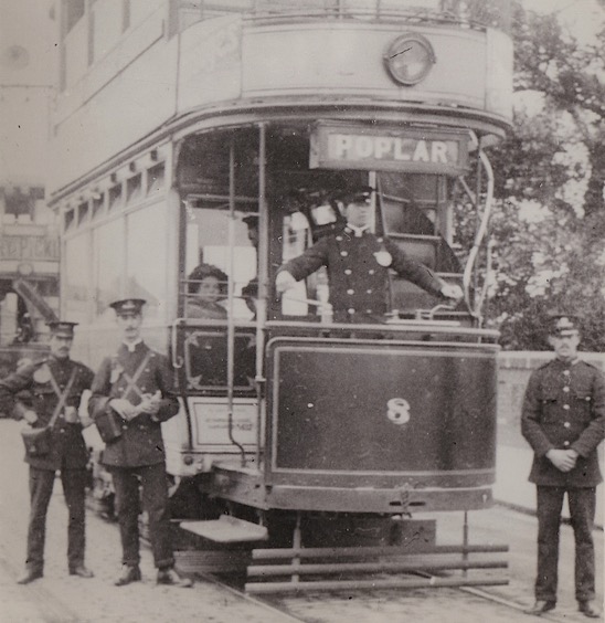 Barking UDC Tramways 8 Loxford Bridge Poplar car Ilford car behind c1912CROP