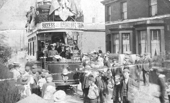Bury Corporation Tramways tram on first day service to Radcliffe in 1905