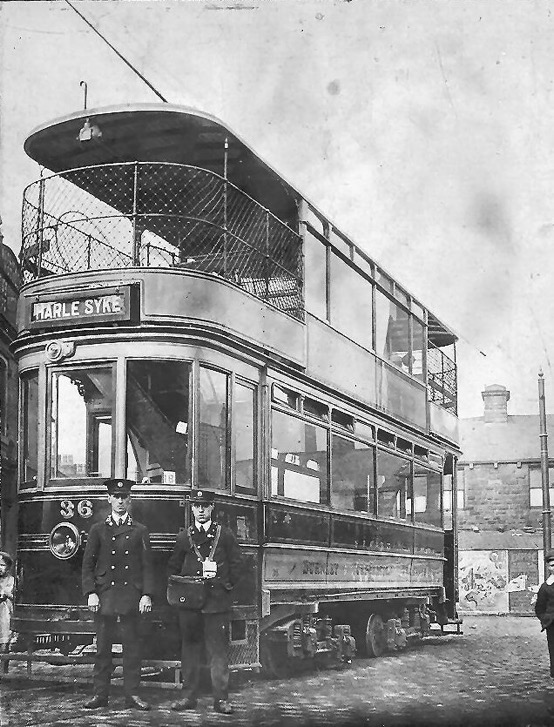 Burnley Corporation Tramways crew and Tram No 36