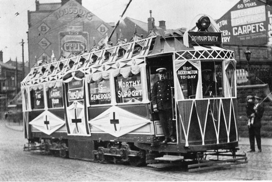 Accrington Corporation Tramways decorated Great War tram and crew