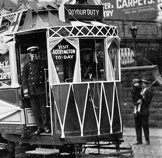 Accrington Corporation Tramways decorated Great War tram and crew