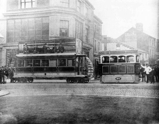 Barrow Tramways Company Steam Tram No 1 stadning in Duke St 1885