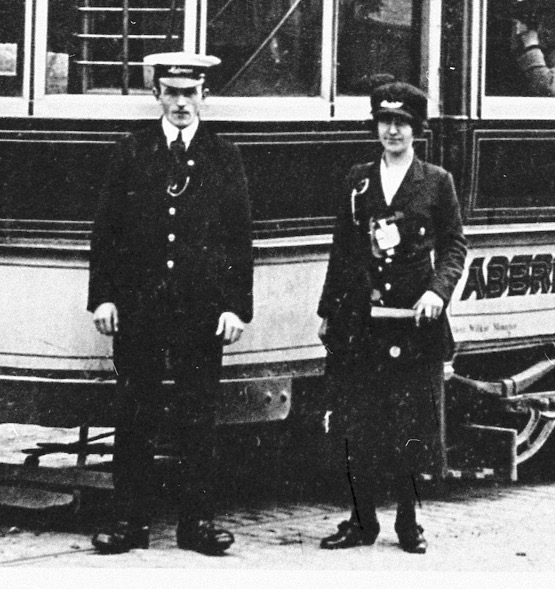 Aberdeen Suburban Tramways Motorman Webster and a Great War tram conductress at Bieldside