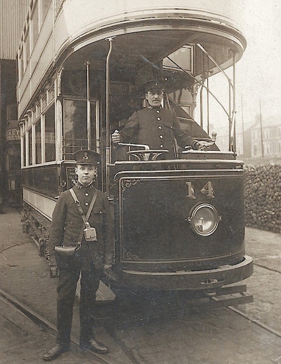 Barnsley and District Tramways crew and tram No 14