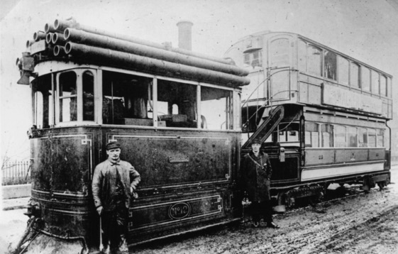 Leeds City Tramways steam tram No 12 with crew at Wortley