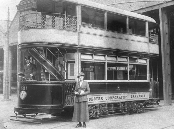 Leicester Corporation Tramways Tram No 121 and crew, conductress