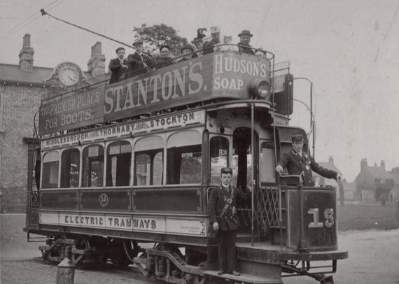 Middlesbrough, Stockton and Thornaby Electric Tramways tram No 15 and crew at Norton