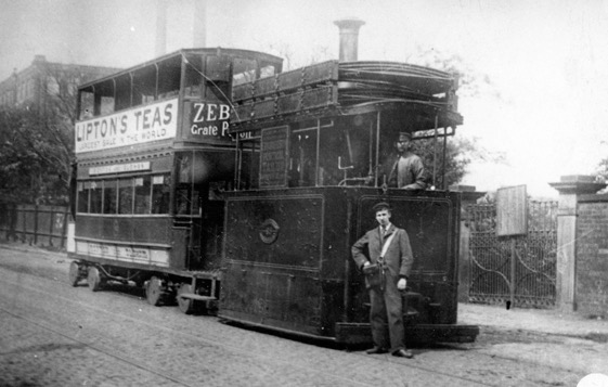 Bury, Rochdale and Oldham Steam tram and crew 1900 Hathershaw