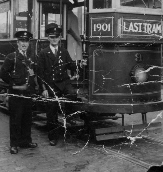 Conductor Walter Davies and motorman John Buckley with Methyr Tydfil's last tram