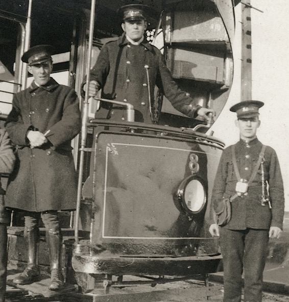 Musselburgh and District Tramways tram No 8, conductor tram driver and inspector